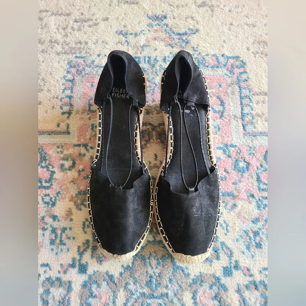 Eileen Fisher Yasmin Espadrille Wedge Shoes Women's 9 Black‎ Leather Strappy